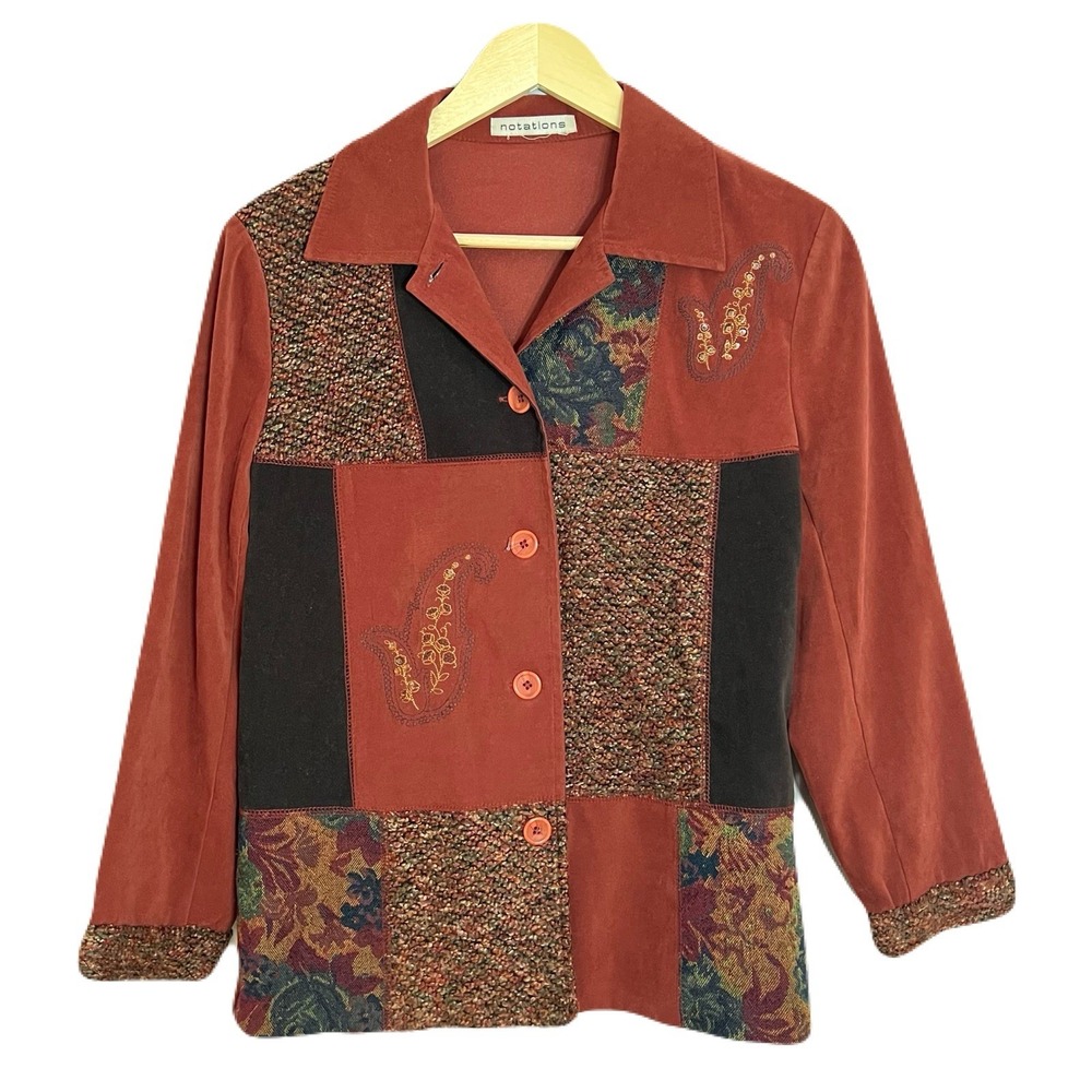 VTG Notations Jacket Blazer Size Medium Tapestry Patchwork Art to Wear Indie GUC